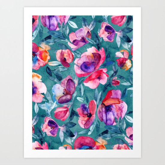 Flourish - a watercolor floral in pink and teal Art Print
