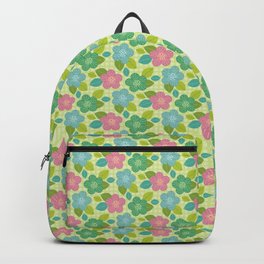 70s Retro Flowers in Blues & Greens on a Pastel Green Lattice Backpack