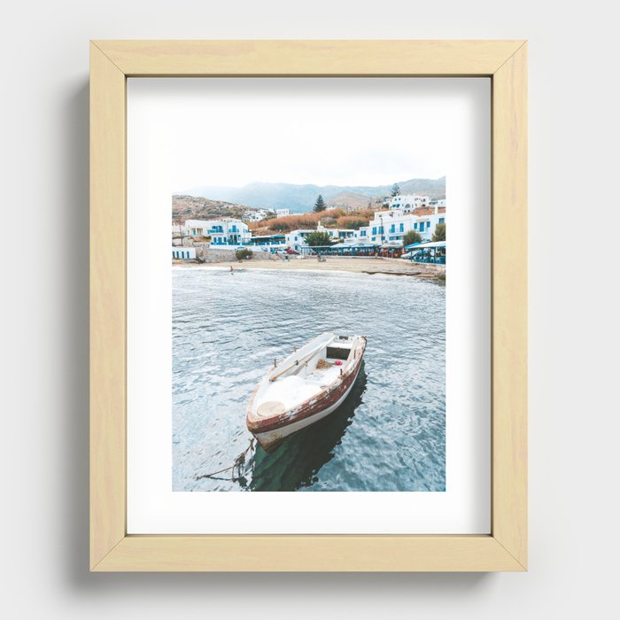 Small Fishers Boat in the Sea | Colorful Travel Photography on the Greek Islands Recessed Framed Print