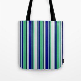 [ Thumbnail: Blue, Sea Green, and Light Grey Colored Lines/Stripes Pattern Tote Bag ]