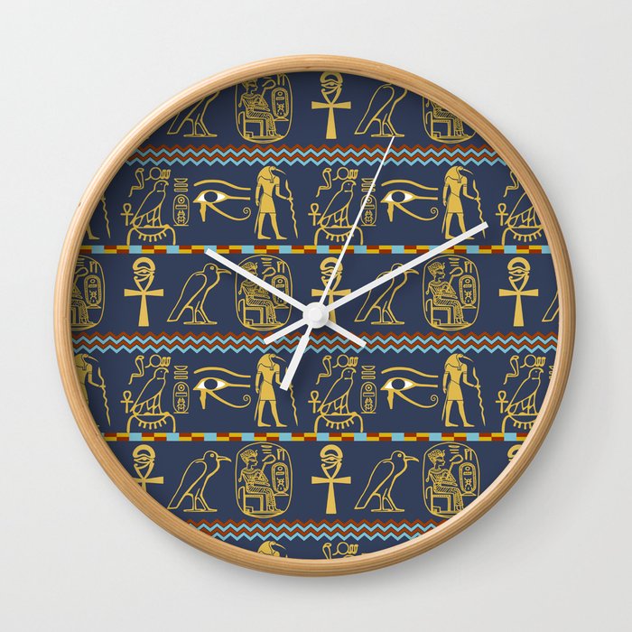 Egyptian Navy Blue Gold Mix Ancient Hieroglyphic Symbols Pattern Wall Clock