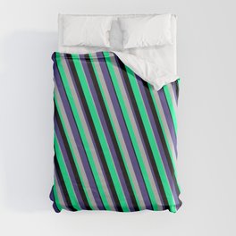 [ Thumbnail: Dark Slate Blue, Grey, Green, and Black Colored Lines/Stripes Pattern Duvet Cover ]