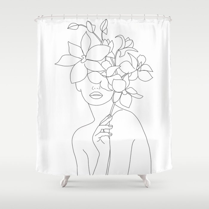 Minimal Line Art Woman with Orchids Shower Curtain