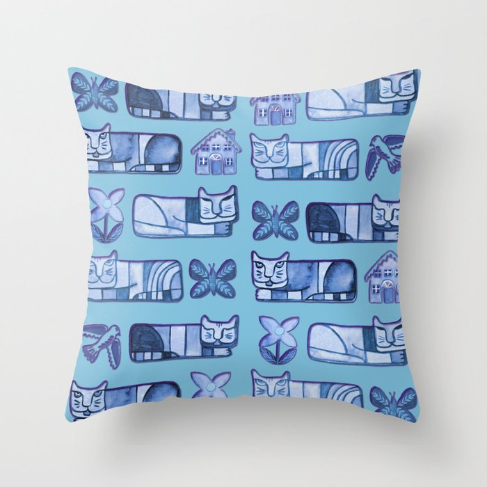 Blue cats in cubist style Throw Pillow