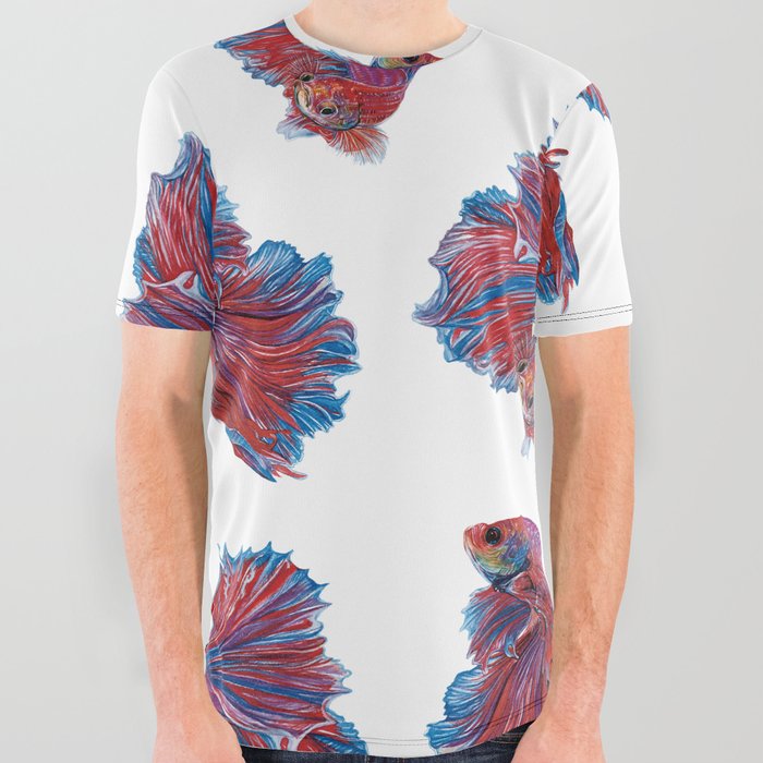 Ocean Theme- Red Blue Betta Fish All Over Graphic Tee