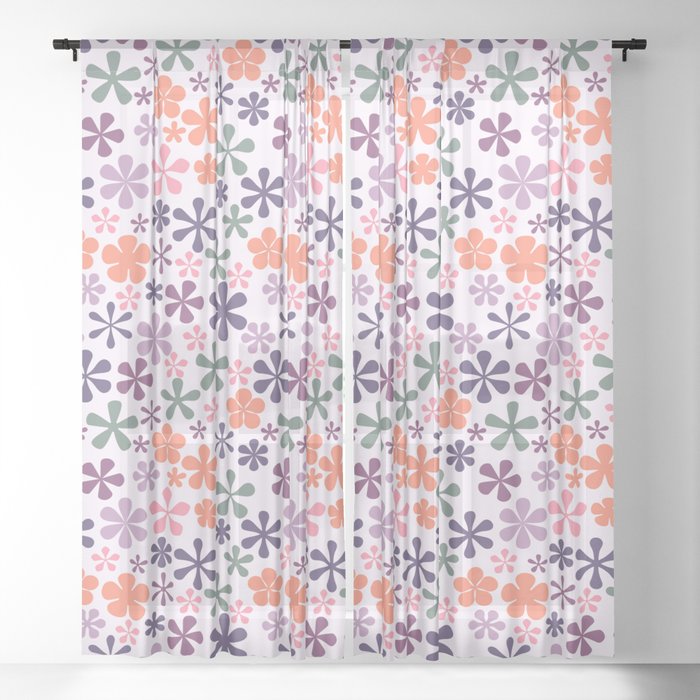 dreamsicle orange lavender eclectic daisy print ditsy florets Sheer Curtain