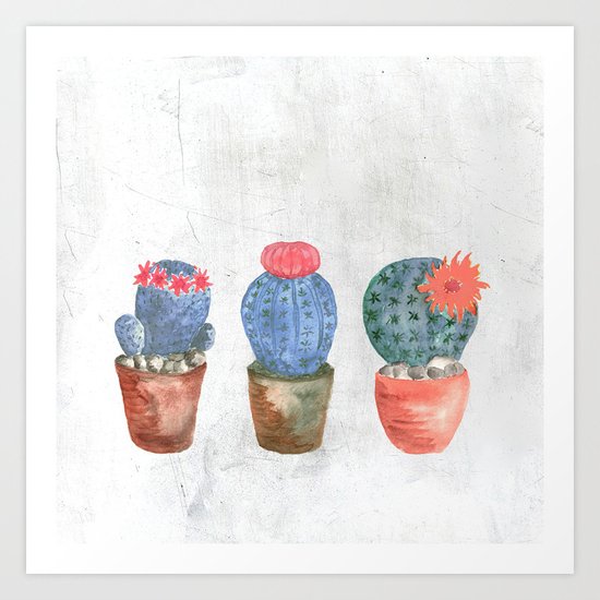 Three Blue Cacti watercolor Art Print