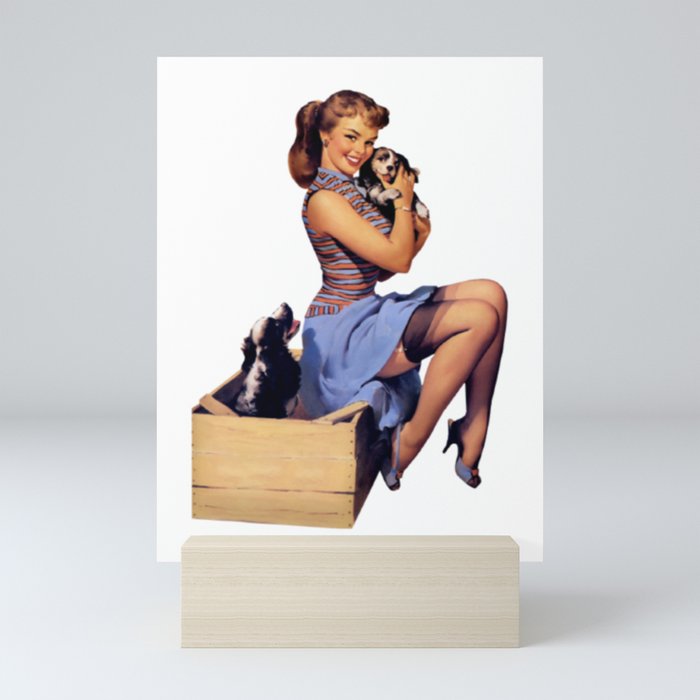 Brunette Pin Up Blue Skirt And Shoes Two Dogs Puppies Mini Art Print