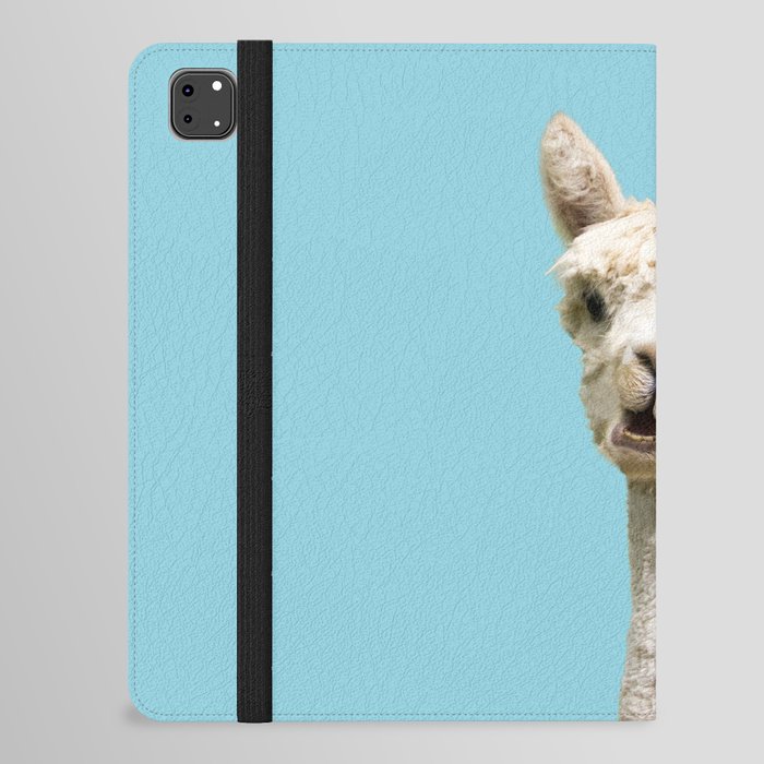 Cute white alpaca portrait on blue sky background iPad Folio Case