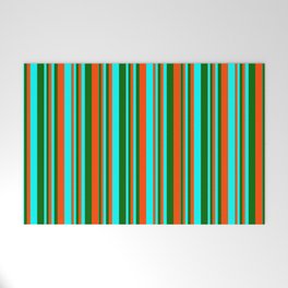 [ Thumbnail: Red, Cyan, and Dark Green Colored Lined/Striped Pattern Welcome Mat ]