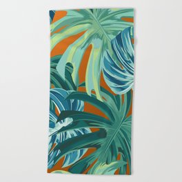 Tropical Monstera Palm Leaves on Orange Beach Towel