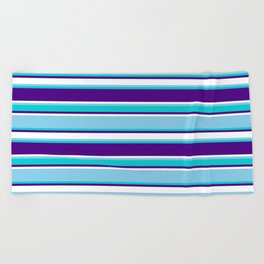 [ Thumbnail: Sky Blue, Dark Turquoise, Indigo & White Colored Lines Pattern Beach Towel ]