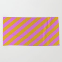[ Thumbnail: Orchid & Goldenrod Colored Pattern of Stripes Beach Towel ]