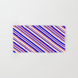 [ Thumbnail: Blue, Light Coral, and Light Yellow Colored Stripes Pattern Hand & Bath Towel ]