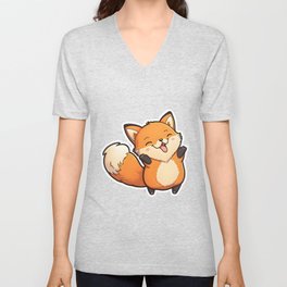 Kawaii Cute Red Fox Smiling and Playing V Neck T Shirt