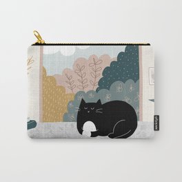 Tuxedo Cat at Window with View on Garden Carry-All Pouch | Cats, Summer, Window, Ochre, Nature, Forest, Spring, Home, Cat, Illustration 