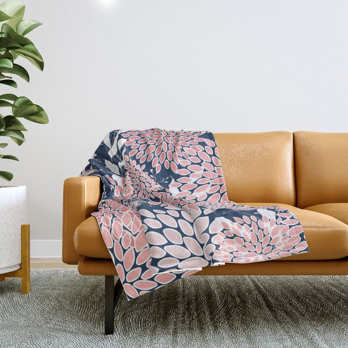 Festive Floral Prints and Leaves Navy Blue and Pink Throw