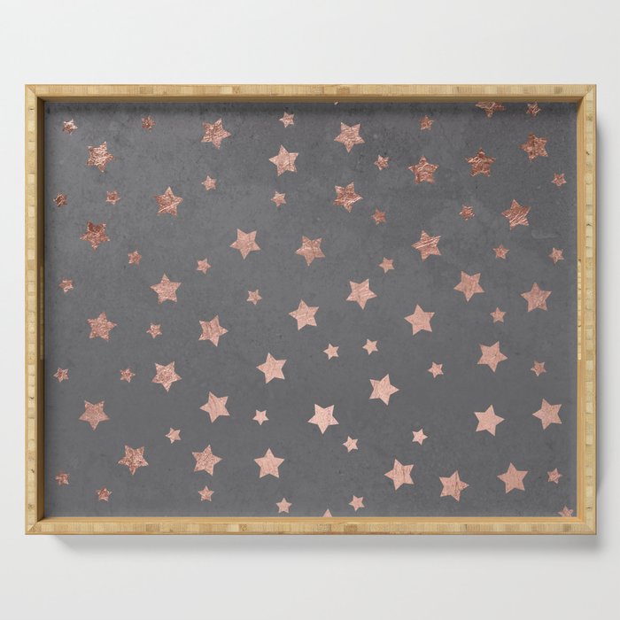 Rose gold Christmas stars geometric pattern grey graphite industrial cement concrete Serving Tray