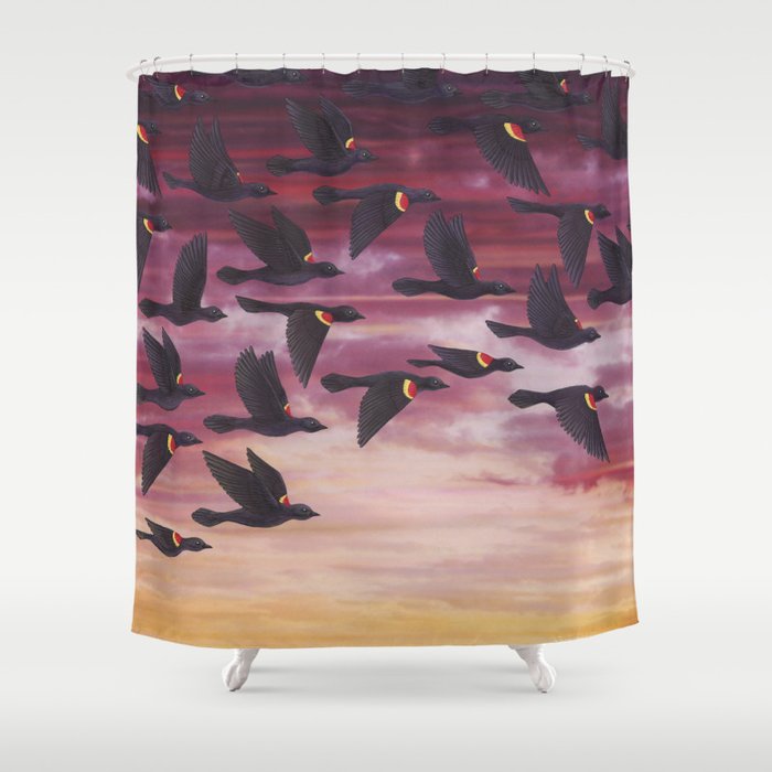 red-winged blackbird flock in flight Shower Curtain