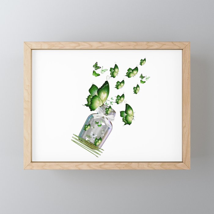 Green Butterflies Flying out of Bottle Framed Mini Art Print