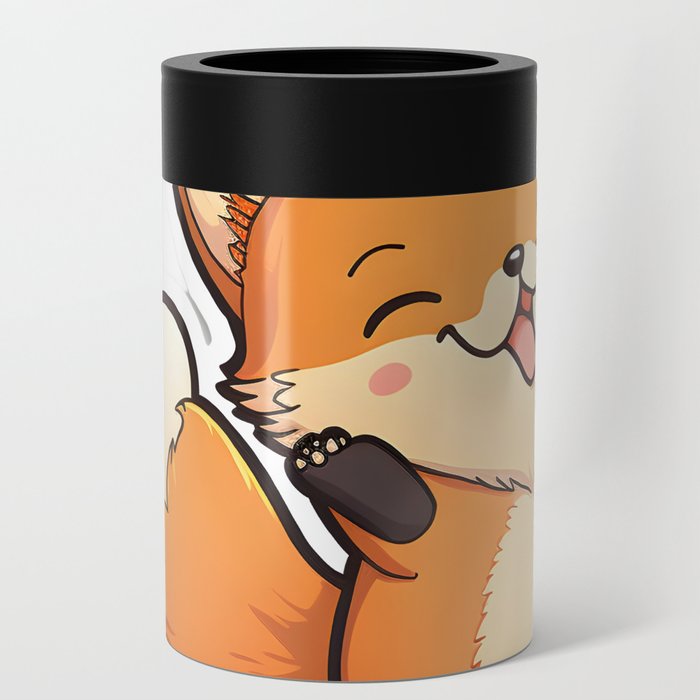 Kawaii Cute Red Fox Smiling and Playing Can Cooler