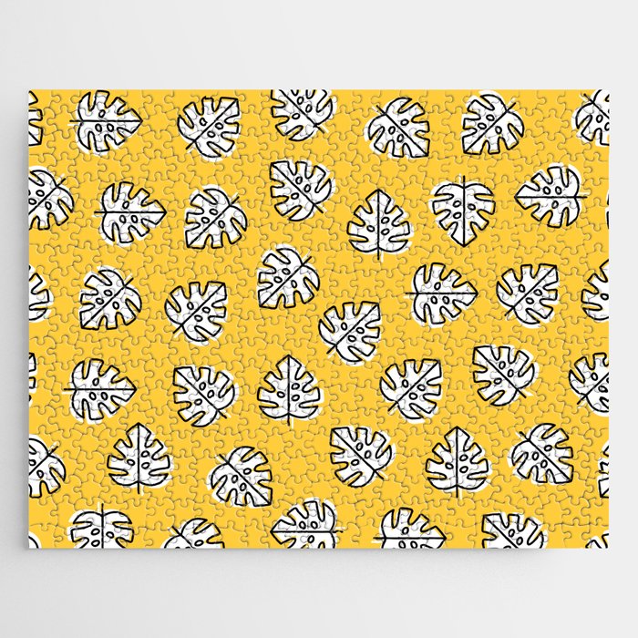 Black and White Leaves on a Yellow Background Jigsaw Puzzle