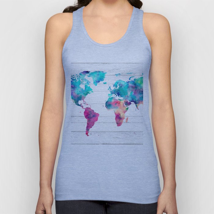World Map Watercolor Paint on White Wood Tank Top