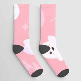 Ghost Cute Seamless Pattern in Pink Colours with Skulls, Hearts and Leaves Socks