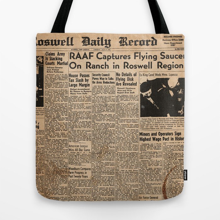 Roswell UFO Incident vintage newspaper Tote Bag by Artis Mortis