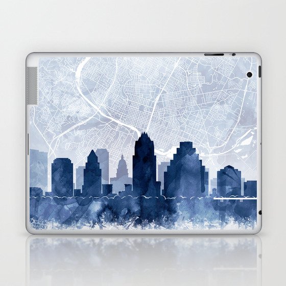 Austin Skyline & Map Watercolor Navy Blue Print by Zouzounio Art Laptop & iPad Skin