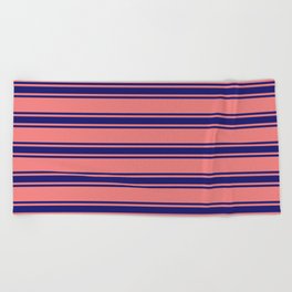 [ Thumbnail: Light Coral and Midnight Blue Colored Striped/Lined Pattern Beach Towel ]