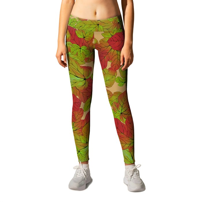 Abstract watercolor burgundy red green fig leaves foliage Leggings