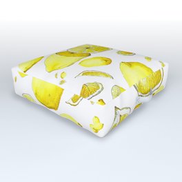 Lemon Lust on White Outdoor Floor Cushion | Tea, Yellow, Lemons, Painting, Lemonwedge, Florida, Patio, White, Beach, Watercolor 