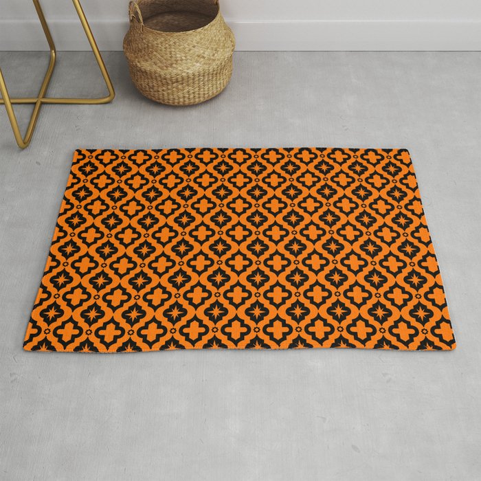 Orange and Black Ornamental Arabic Pattern Rug