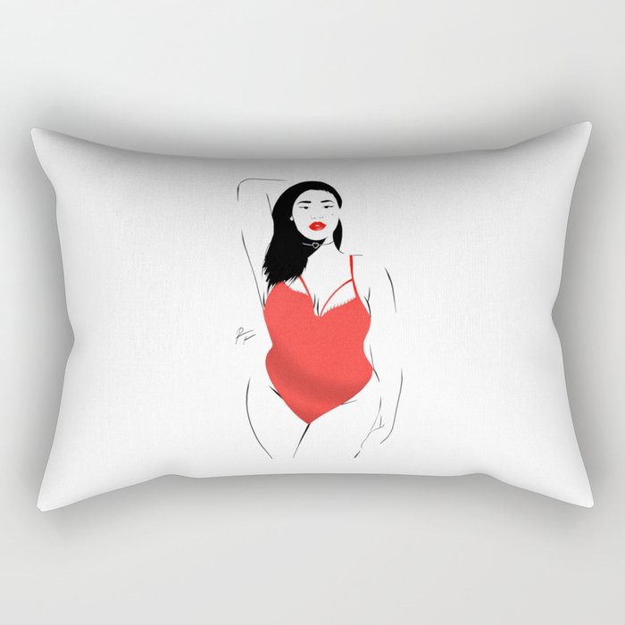 Beautiful woman posing in red swimsuit and lipstick Rectangular Pillow