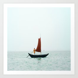 A Man Rowing A Small Boat With a Sail in Bangladesh Art Print