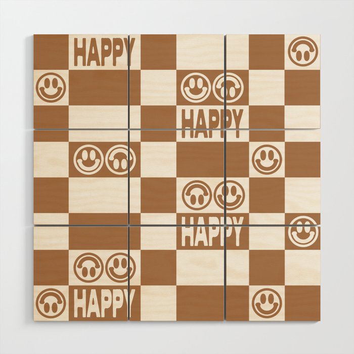 HAPPY Checkerboard (Milk Chocolate Brown Color) Wood Wall Art