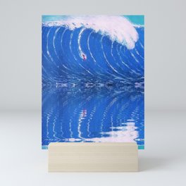 Extreme surfing pipeline wave with mirrored reflection oregon, hawaii, florida, portugal, nazare, honolulu surfer landsccape painting in ocean blue Mini Art Print