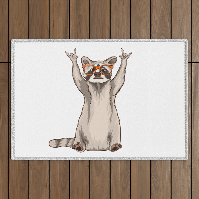 Raccoon In Sunglasses Showing A Rock Sign Outdoor Rug