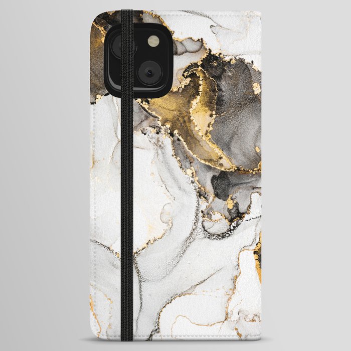 Luxury abstract fluid art painting in alcohol ink technique, mixture of black, gray and gold paints. Imitation of marble stone cut, glowing golden veins. Tender and dreamy design.  iPhone Wallet Case