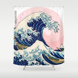 The Great Wave off Kanagawa by Hokusai in pink Shower Curtain