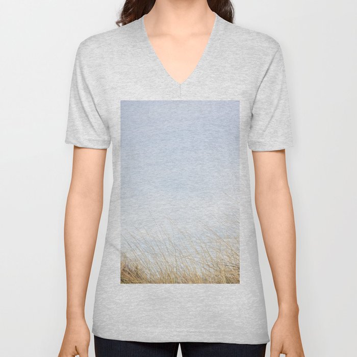 Marram grass in the bottom of a blue sky picture, in the Netherlands, fine art. V Neck T Shirt