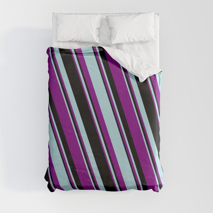 Powder Blue, Purple, and Black Colored Striped/Lined Pattern Duvet Cover