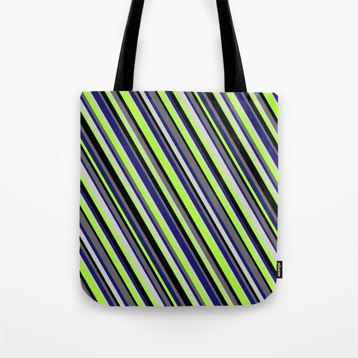 Colorful Midnight Blue, Light Gray, Light Green, Black, and Dim Grey Colored Stripes/Lines Pattern Tote Bag