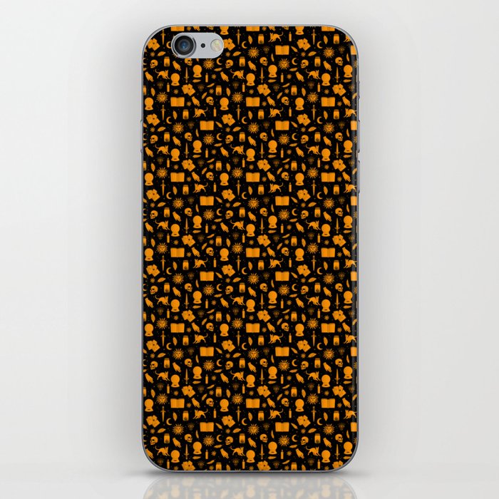 Small Bright Dayglo Orange Halloween Motifs Skulls, Spells & Cats on Spooky Black iPhone Skin