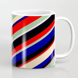 [ Thumbnail: Dark Sea Green, Beige, Dark Blue, Black & Red Colored Lines/Stripes Pattern Coffee Mug ]