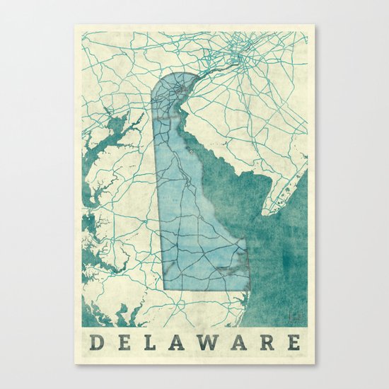 Delaware State Map Blue Vintage Canvas Print
