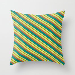 [ Thumbnail: Yellow, Light Sky Blue, Chocolate & Teal Colored Pattern of Stripes Throw Pillow ]