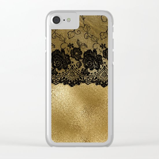 Black luxury lace on gold glitter effect metal- Elegant design on #Society6 Clear iPhone Case