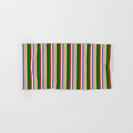 [ Thumbnail: Colorful Slate Blue, Beige, Brown, Dark Green, and Tan Colored Lines Pattern Hand & Bath Towel ]